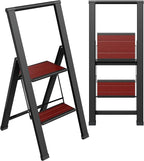 Step Ladder 2 Step Folding, Decorative - Beautiful Mahogany & Black Aluminum, Ultra Slim Profile, Anti Slip Steps, Sturdy-Portable for Home, Office, Kitchen, Photography Use,by SORFEY