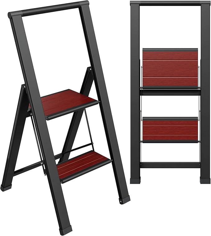 Step Ladder 2 Step Folding, Decorative - Beautiful Mahogany & Black Aluminum, Ultra Slim Profile, Anti Slip Steps, Sturdy-Portable for Home, Office, Kitchen, Photography Use,by SORFEY