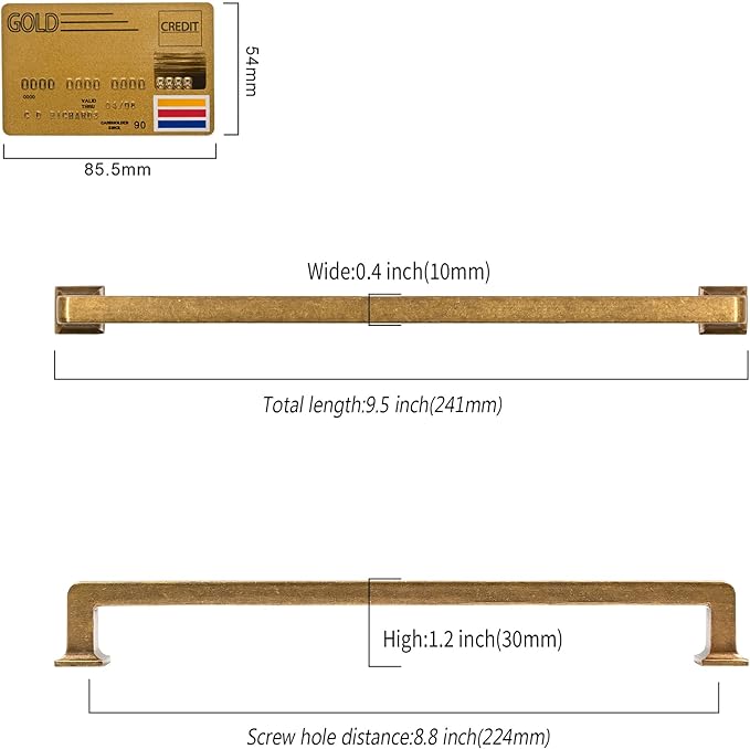 10 Pack 8.8"(224mm) Vintage Antique Brass Cabinet Pulls Kitchen Cabinet Handles Drawer Pulls Cupboard Hardware for Cabinets CK0078