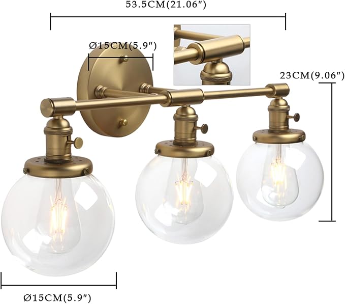 Phansthy 3-Light Wall Sconces Antique Brass Vanity Light, Industrial Wall Lamps with On Off Switch and Clear Glass Lampshade, Vintage Wall Lighting for Bathroom Living Room (Antique, Globe Shade)