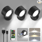 Lightbiz LED Wall Mounted Lights 3 Pcs with Remote, Wall Sconces Lamp 3000mAh Rechargeable Battery Operated, 3 Color Temperatures & Dimmable Magnetic 360° Rotation Cordless Light for Bedroom Bedside