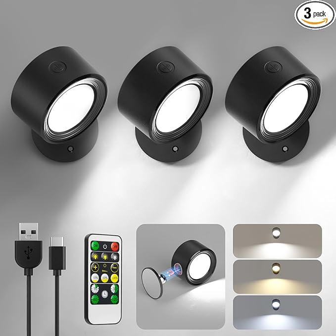 Lightbiz LED Wall Mounted Lights 3 Pcs with Remote, Wall Sconces Lamp 3000mAh Rechargeable Battery Operated, 3 Color Temperatures & Dimmable Magnetic 360° Rotation Cordless Light for Bedroom Bedside
