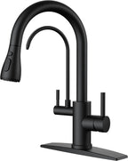 FORIOUS Black Kitchen Faucets with Water Filter, 2 in 1 Stainless Steel Pull Down Sink Faucet and Purfied Water Faucet High Arc Single Handle with Detachable Deck for 1 or 3 Hole
