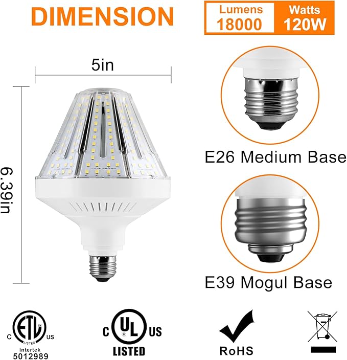 1200W Equivalent Led Corn light bulbs,18000 Lumen LED Corn Bulb 120W 5000K Daylight White Lamp,E26/E39 Medium Mogul Base,2-Pack Large Area Lights For Outdoor Indoor Garage Warehouse Factory Workshop