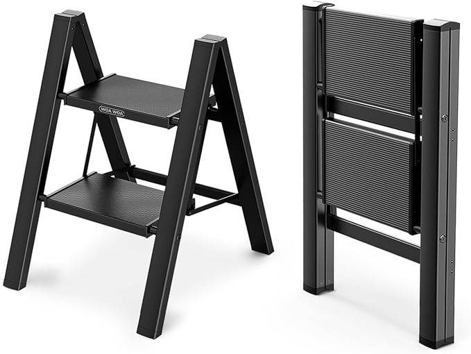 WOA WOA Step Ladder, Folding Step Stool with Widening Pedals, Portable Lightweight Home Ladder, Kitchen Stepladder, Easy to Store, Space Save 300 lbs Capacity (2 Step, Black)