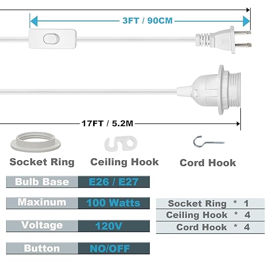 Plug in Pendant Light Kit White- UL 20Ft Light Bulb Socket E26 E27 with Lantern Cord, On/Off Switch, Electrical Wire Lamp Cable for Hanging Ceiling Fixture, 2 Pack