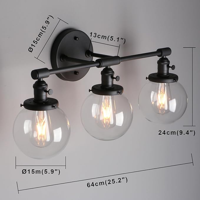 Phansthy 3-Light Wall Sconces Antique Brass Vanity Light, Industrial Wall Lamps with On Off Switch and Clear Glass Lampshade, Vintage Wall Lighting for Bathroom Living Room (Black, Globe Shade)