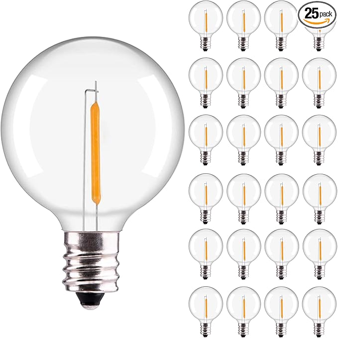 G40 LED Replacement Bulbs, 1.57 Inch Shatterproof Plastic Bulbs 0.6 Watt Dimmable Globe Light Bulbs fit E12/C7 Candelabra Base for Indoor Outdoor String Light Decor, Warm White, 25 Pack