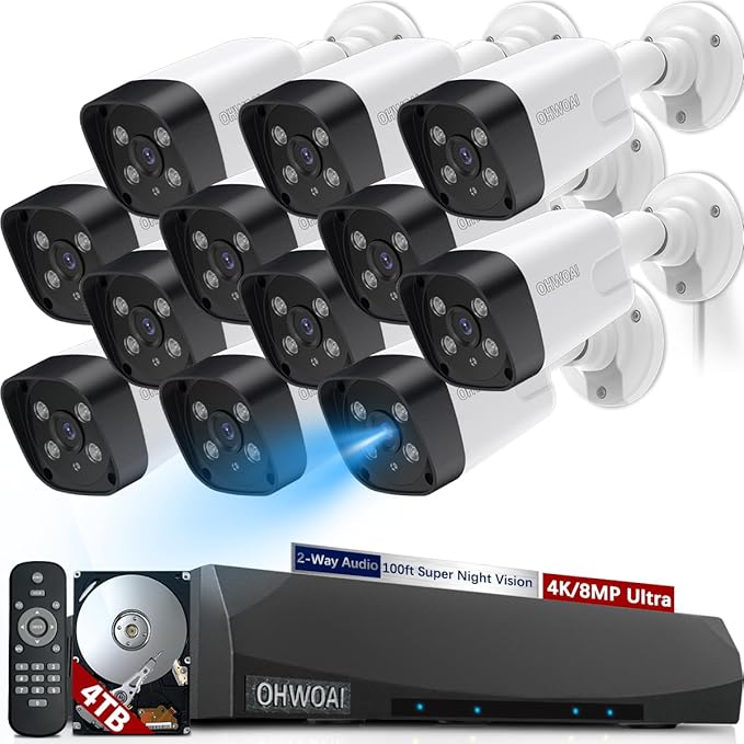 《130°Wide Angle-Lens & Dual Power Mode》Outdoor CCTV Security Camera System with 2-Way Audio,8.0MP IP Wired Security Cameras,Home Surveillance Video Equipment with 4K NVR