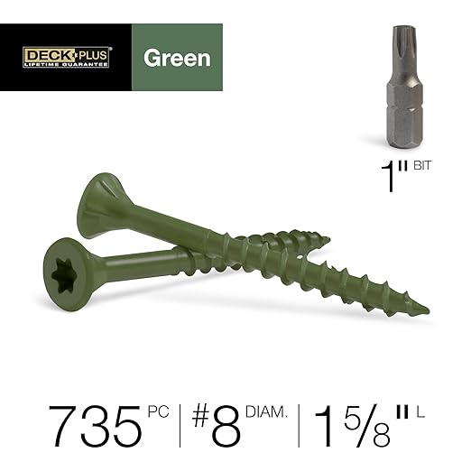 Deck Plus 1-5/8 Inch Epoxy Coated Exterior Wood and Fence Screws #8 x 1-5/8" Torx/Star Drive Included Coarse Thread, Outdoor Rust Resistant Decking Screw, Green, 5lb Box, 735 Pieces | 48398