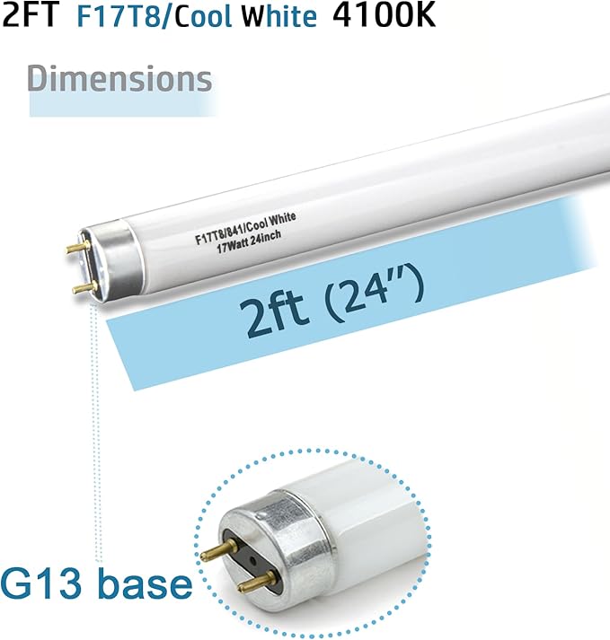 (12 Pack) 24 inch F17T8/841 Fluorescent Light Bulb,2ft 17Watts 4100K Cool White T8 Linear sp841 Tube, G13 Medium Bi-Pin Base