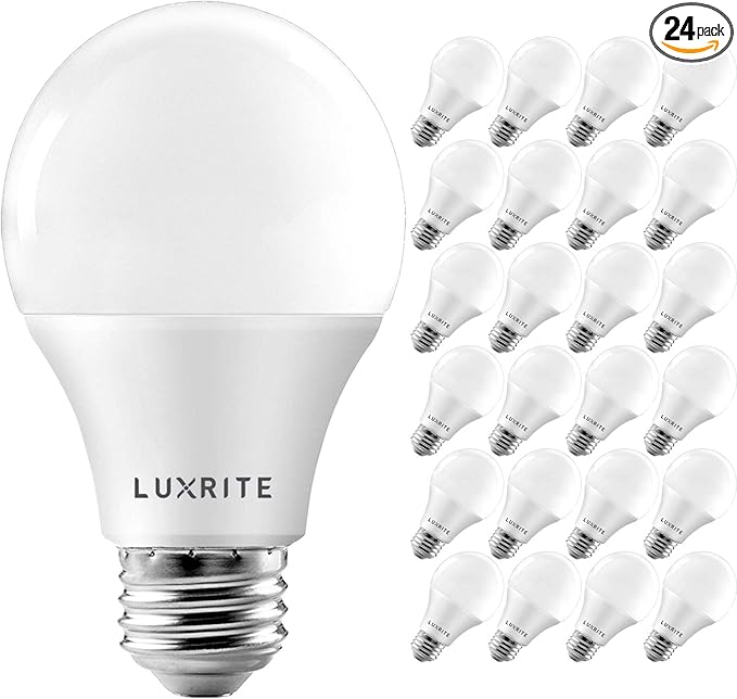 LUXRITE A19 LED Bulb 60W Equivalent, 2700K Warm White, 800 Lumens, Dimmable Standard LED Light Bulbs 9W, Enclosed Fixture Rated, Energy Star, E26 Medium Base - Indoor and Outdoor (24 Pack)