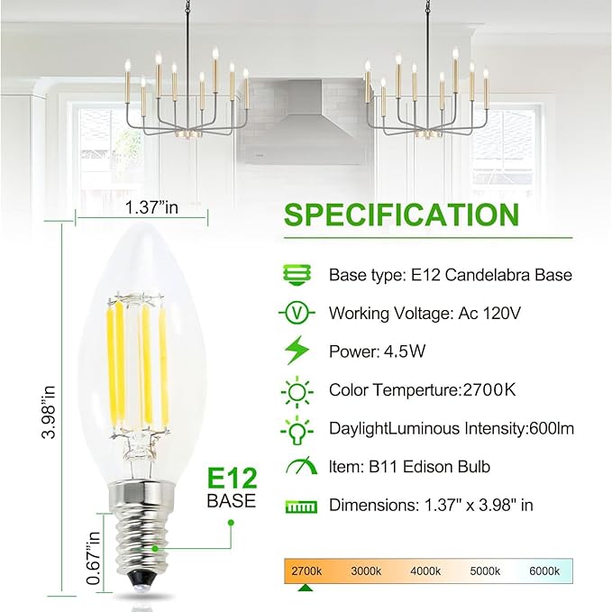 VOLIVO 24 Pack Chandelier LED Bulbs,B11 Candelabra 4.5W, 60 Watt Equivalent, 2700K Clear Glass Filament, E12 Standard Base,Soft White,Classic Edison Fan (Non-dimmable)