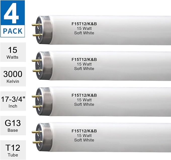 4 Pack F15T12/K&B Soft White 15W T12 Linear Fluorescent Bulb,Replacement for GE10185 Philips 141465 F15T12/WW,G13 Medium 2-Pin Base 18 Inches