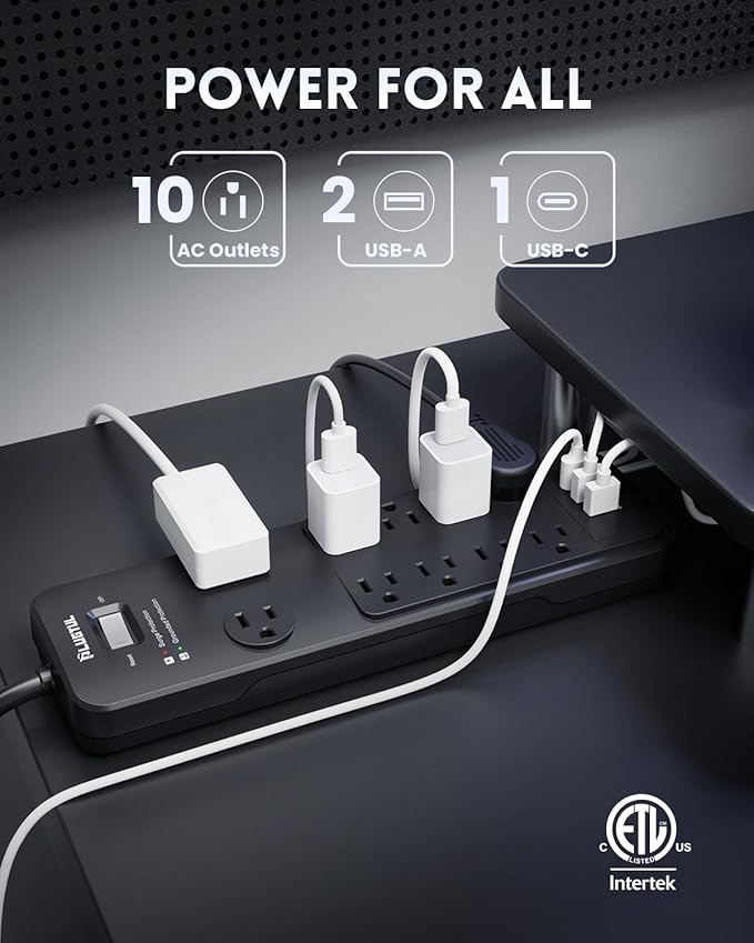 Surge Protector Power Strip 25FT, PLUGTUL Surge Protector with 10 Outlets - Spacious Design for Large Plugs, Flat Plug, 20W USB C Charging for Home, Office, ETL Listed, 2040J