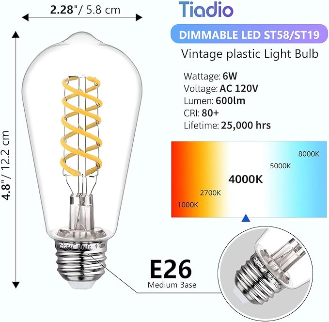 ST58 Edison Bulbs 60 Watt Led, 4000K Vintage Light Bulbs, E26 Led Bulb 60 Watt Dimmable Plastic 600ML, Antique Decorative Filament LED Bulb for Bedroom Office Fan Lights Ceiling Fixtures 12 Pack