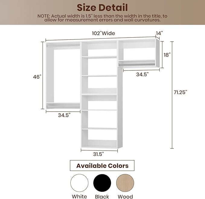 ROOMTEC Modular Closet System, 102" Wall-Mounted Closet Organizer with Hanging Rods, Modern Wooden Tower for Walk-In Closets, Wardrobe Storage Kit, White