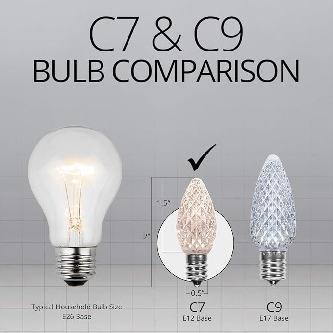 Wintergreen Lighting 25 Pack OptiCore C7 LED Christmas Light Bulbs - Replacement LED Christmas Lights Heavy Duty Premium Outdoor Christmas Lights, E12 Base(Warm White Faceted)