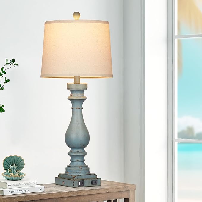 27.5" Tall Coastal Lamp,Retro-Blue Vintage Bedside Nightstand Lamps with USB Charging Ports A/C,3-Way Dimmable Touch Control Table Lamps for Bedroom Living Room,Single Blue