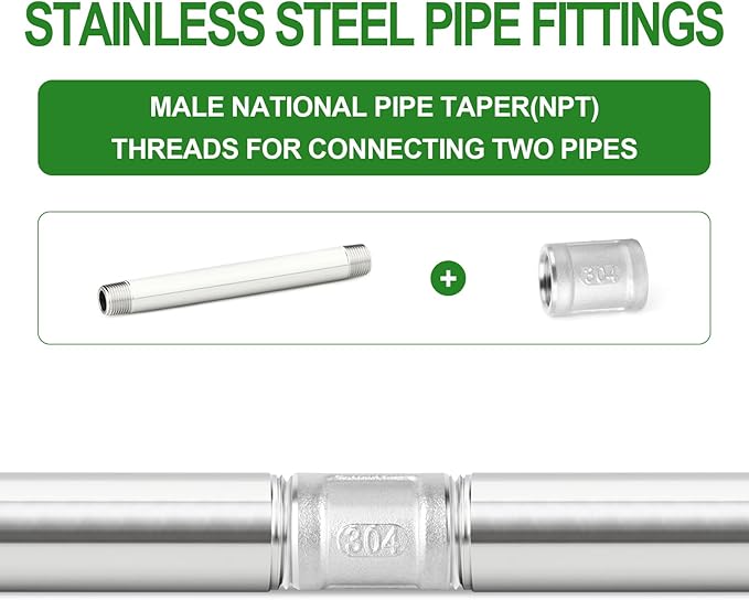 TAISHER 2PCS Stainless Steel Pipe Fittings, 1/4" NPT Male x 1/4" NPT Male Threaded, 10" Length Thickened Nipple Cast Pipe