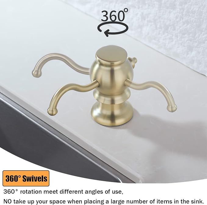 RANDOM Brushed Gold Soap Dispenser for Kitchen Sink,Built in Sink Soap Dispenser with Solid Brass Pump Head Soap Dispenser Extension Tube Kit and 11 Ounce Large PET Liquid Soap Bottle.RD84038BG