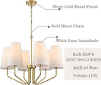 Modern 6-Light Brass Gold Chandelier with White Fabric Shade Chandelier Adjustable for Dining Room Hallway Living Room Kitchen Island