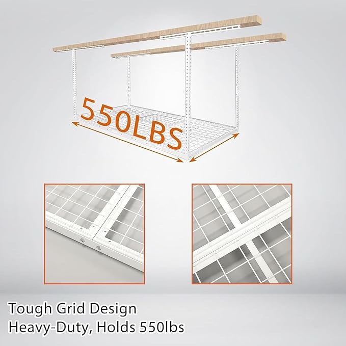 Kojem 3x6 Overhead Garage Storage Rack, 22'' to 40" Adjustable Heavy Duty Garage Ceiling Storage Racks Storage Organization System, 550LBS Weight Capacity, White,Heavy Duty Steel