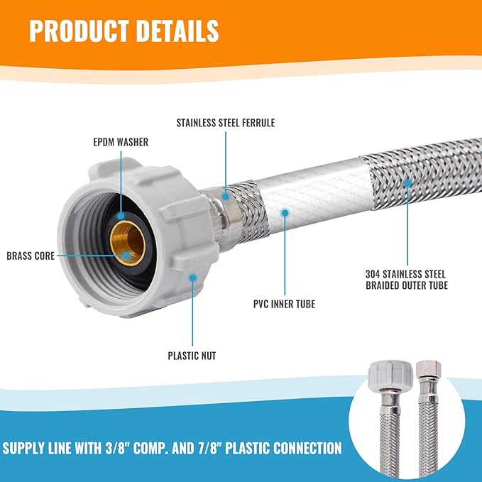 SUNGATOR 9'' Toilet Water Supply Line, 7/8" Ballcock x 3/8" Compression Toilet Hose Connector, 9 Inch Braided Stainless Steel Water Supply Line with 1 Wrench and Sealing Tape (1 Pack)