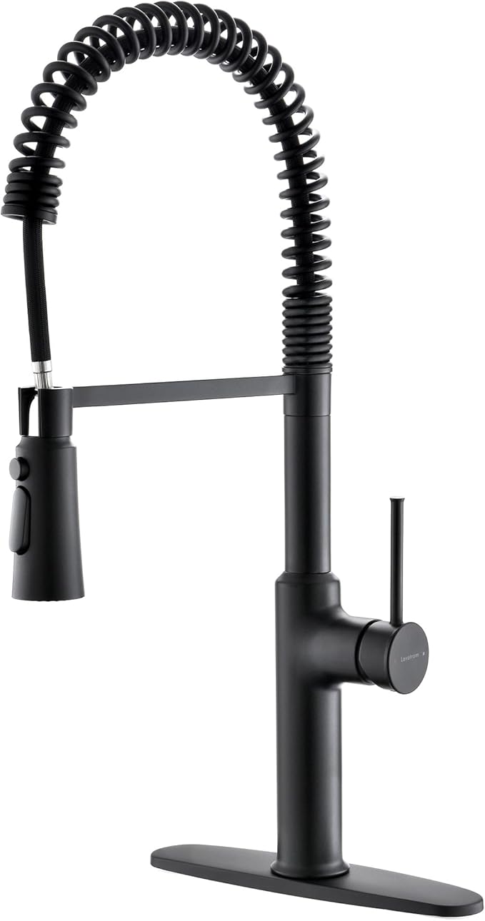 Brass Matte Black Kitchen Faucets, Brass 22 inch Commercial High Arc Single Handle Kitchen Faucets for Pull Down Sprayer Modern Spring with Deck Plate