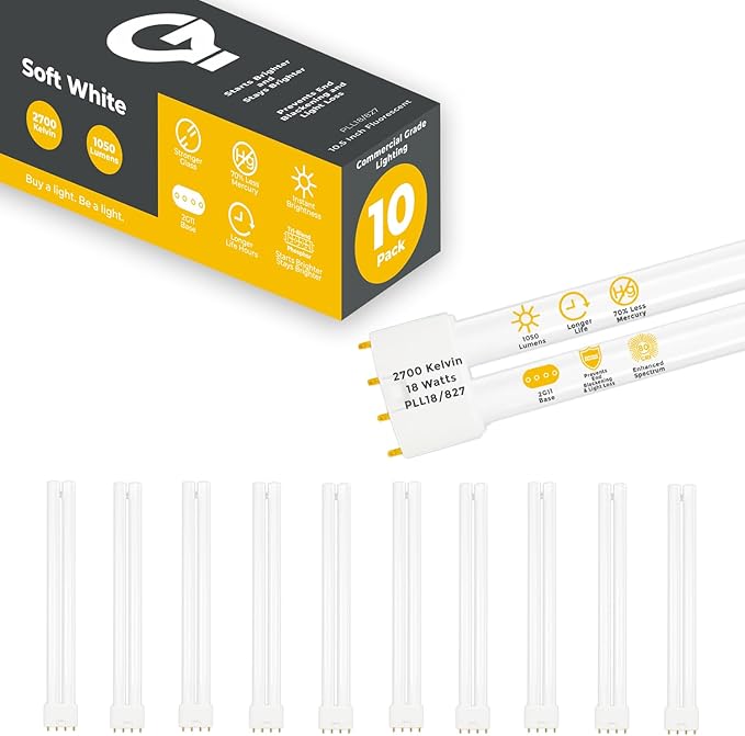 GoodBulb PLL18/827 | 18W 8.9" Twin Tube Compact Fluorescent Light Bulb | 4-pin 2G11 Base 2700K Soft White 1050 Lumen | 36000 Hour Long Life Biax | Pack of 10