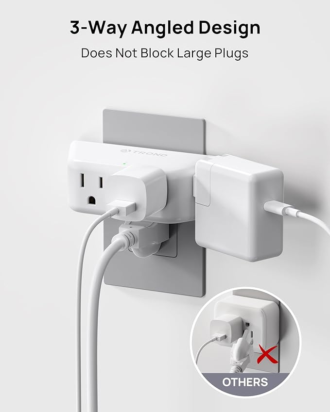 TROND Multi Plug Outlet Extender 2 Pack - Surge Protector Outlet with 4 Grounded Sockets, 3 Way Angled Plug Splitter, 900J, Multiple Wall Adapter for Home Office Travel Dorm Room, White