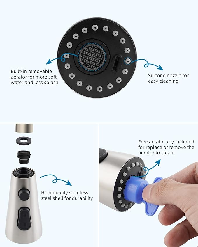 Hibbent Stainless Steel Pull Down Spray Head Replacement with 15 Adapters, NSF/ANSI/CAN 61 & CUPC Certified 3-Function Kitchen Faucet Nozzle, Compatible with Moen, Delta, Kohler Faucet, Brushed Nickel