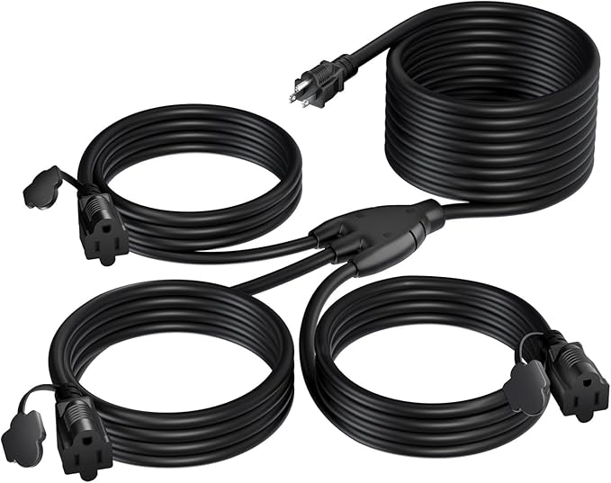 K KASONIC - 40 FT Halloween Lights Outdoor Extension Cord 1 to 3 Splitter, 3 Prong Outlets Plugs, 16AWG/3C SJTW Weatherproof Wire for Holiday Decoration Light, ETL Listed, Black