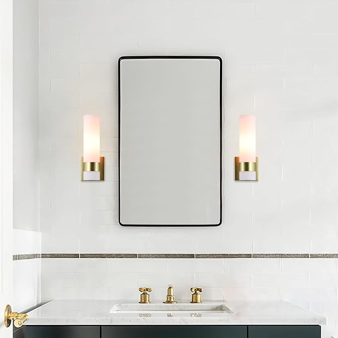XiNBEi Lighting Sconces Wall Lighting, 1 Light ADA Wall Sconce, Vintage Bathroom Vanity Light with Tube Glass Satin Brass Finish for Kitchen & Corridor XB-W1185-SB