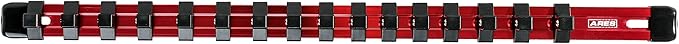 ARES 70202-3/8-Inch Drive Red Aluminum Socket Organizer - Store up to 16 Sockets and Keep Your Tool Box Organized - Sockets Will Not Fall Off this Rail