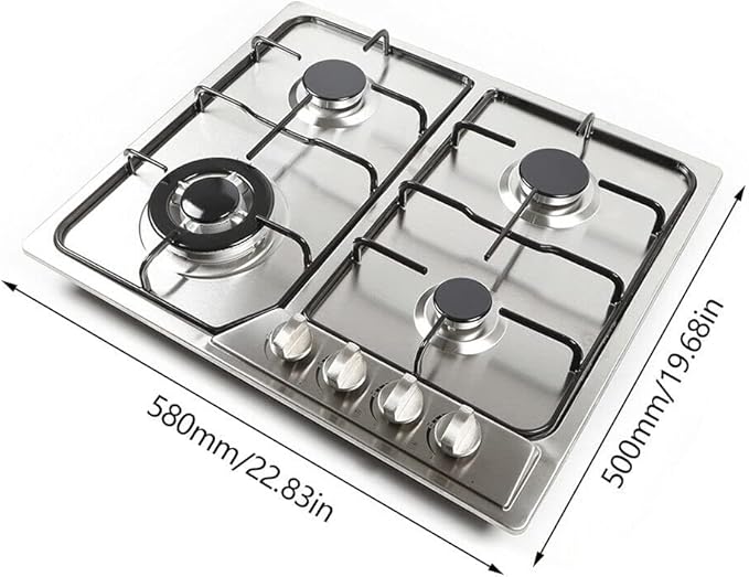 4 Burners Built in Gas Stovetop Cooker Gas Range Portable Stainless Steel Cooktop LPG/NG Dual Fuel Cast Iron Grate Gas Stove Kitchen Cooking Stove for Home RV Outdoor Apartment Silver(22.83x20.47Inch)
