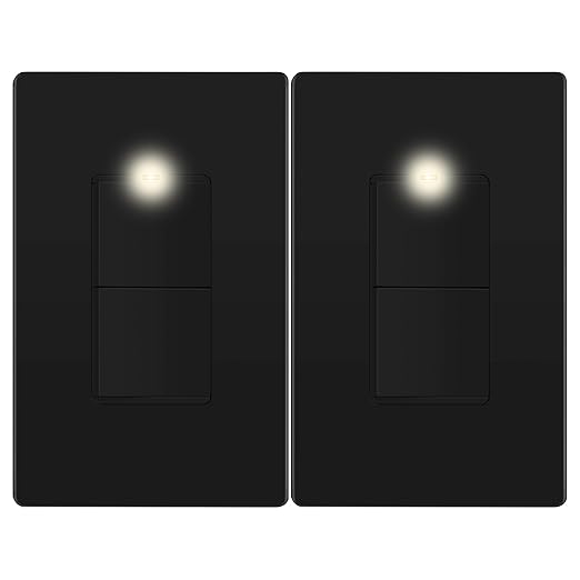 LIDER Matte Finish Lighted Double Switch with Screwless Wall Plate, Combination Frameless Decorator Switch with Locator Light, Ground Terminal Single Pole, 15A 120V, UL Listed, Black, 2 Pack