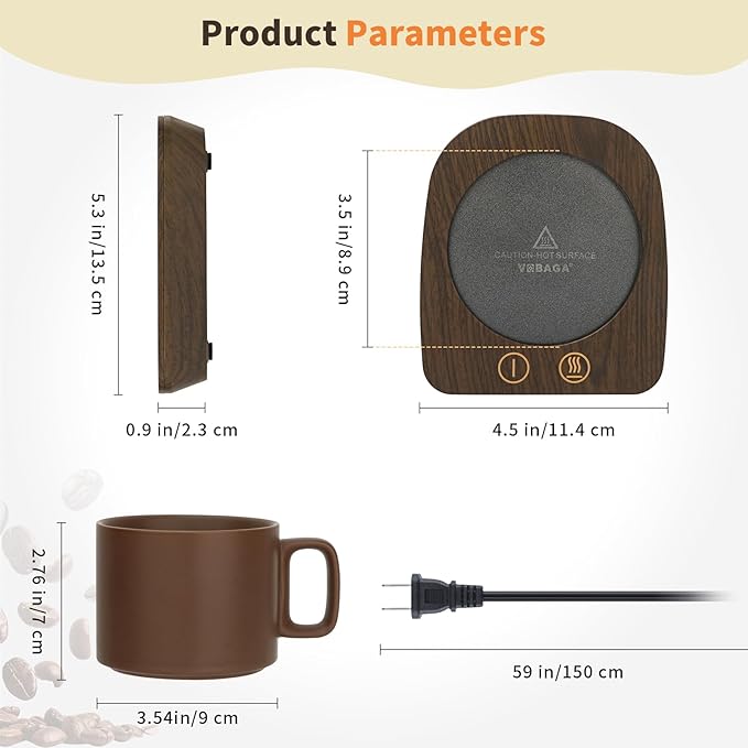 VOBAGA Coffee Warmer & Mug Warmer for Home Office Home Desk Use, Electric Cup Beverage Warmer with 3 Temperature Settings For Tea, Water, Cocoa with Auto Shut Off after 4 Hours (Wood Grain Warmer Set)