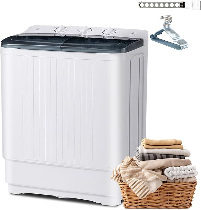 Portable 2-in-1 Twin Tub Washing Machine, 22Lbs Washer 10Lbs Spinner with Drain Pump, Semi-Automatic Compact Washer Dryer Combo for Apartment, Dorm, RV, Camping, Laundry Washer with Dual Motor