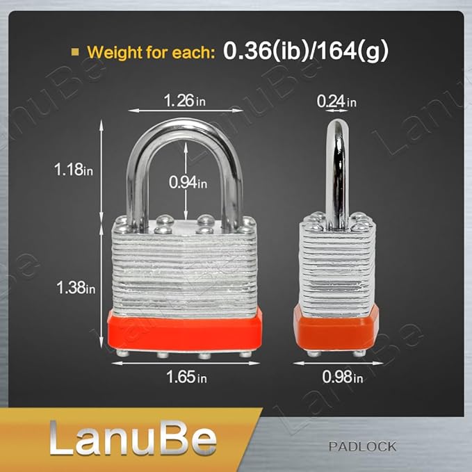 LanuBe Lock Laminated keyed Padlock (1-9/16", 40mm), keyed Alike Locks, Normal Shackle,Marked Orange Plastic Hoop, Pack of 60