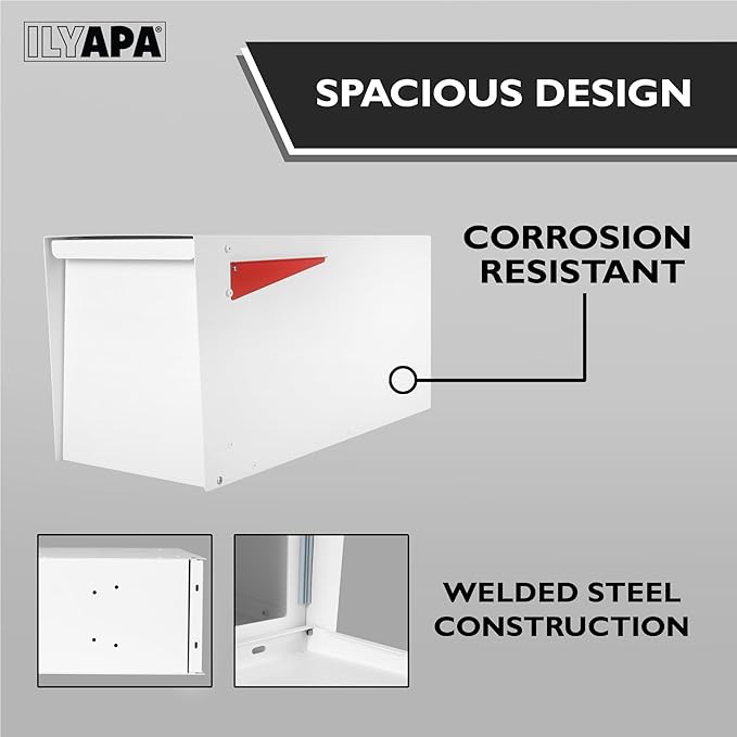 Ilyapa Modern Mailbox for Post Mount - White with White Door Powder Coated Steel, Waterproof Letter Box for Parcels, with Recessed Magnetic Close Door