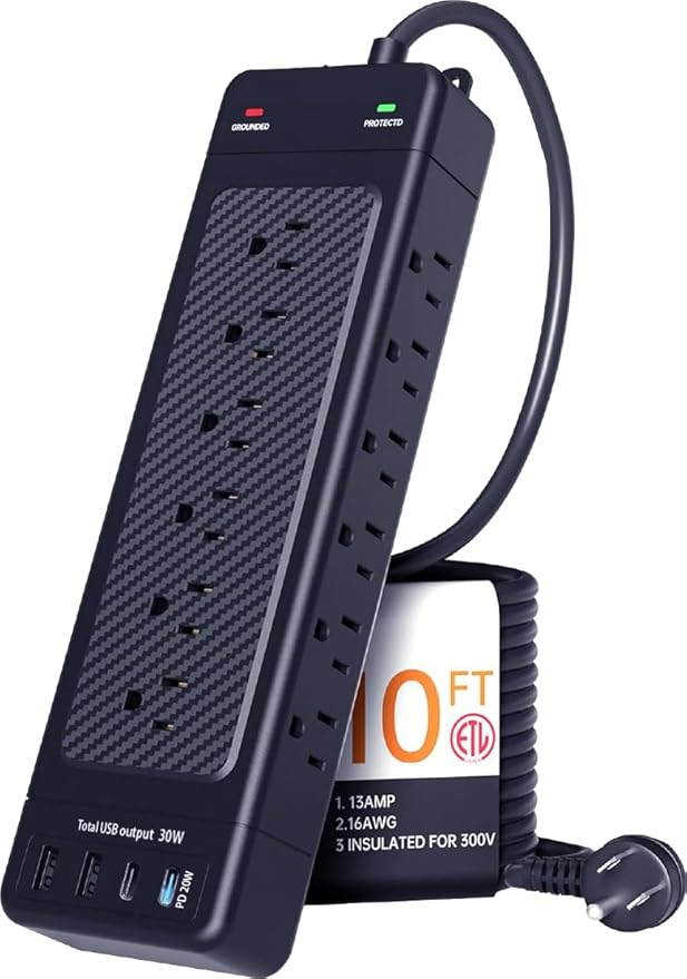 Surge Protector Power Strip Heavy Duty 10 ft Cord High Joules Protection (4800J)/18AC outlets/USBs (2A+2C PD20W)/1875W/15A,Flat Plug,Commercial,Industrial,Office,Home,College,Black,Insurance Coverage