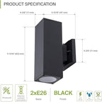 ASD 2 Light Square Dusk to Dawn Outdoor Wall Light Fixture | 120W E26 Bulb Socket 120V ETL Cylinder Up Down Lights | LED/CFL/Incandescent Bulb Wall Sconce | Front Door, Porch, Patio | Black