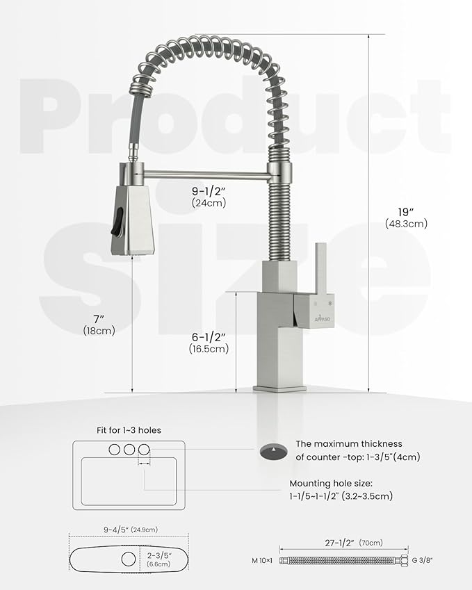 APPASO Square Kitchen Faucets with Pull Down Sprayer, 3 Modes SUS304 Stainless Steel Faucet for Kitchen Sink, Single Handle Kitchen Sink Faucet, Brushed Nickel