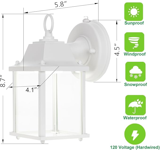 LIT-PaTH Dusk to Dawn Outdoor Wall Lantern, LED Wall Sconce, 3000K Warm White, 9.5W, 800 Lumen, Aluminum Housing Plus Glass, Outdoor Rated, 2-Pack, White