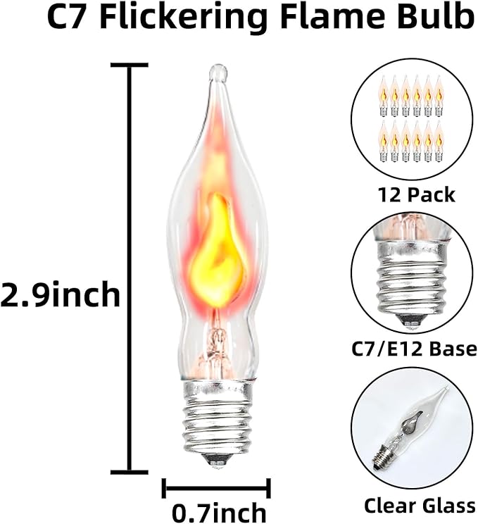 12 Pack C7 Clear Flickering Flame Light Bulbs, Christmas Halloween Decorations E12 Flame Bulbs, Ideal for Candelabra Flame Light Bulbs & Replacement Bulbs for String Lights,1W, 120V