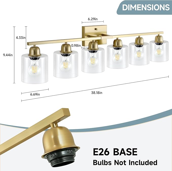 Modern Brushed Gold 6 Light Bathroom Light Fixtures,38 inch Vanity Lights for Bathroom with Clear Glass, Vanity Light for Mirror Kitchen Living Room Hallway Cabinet Porch