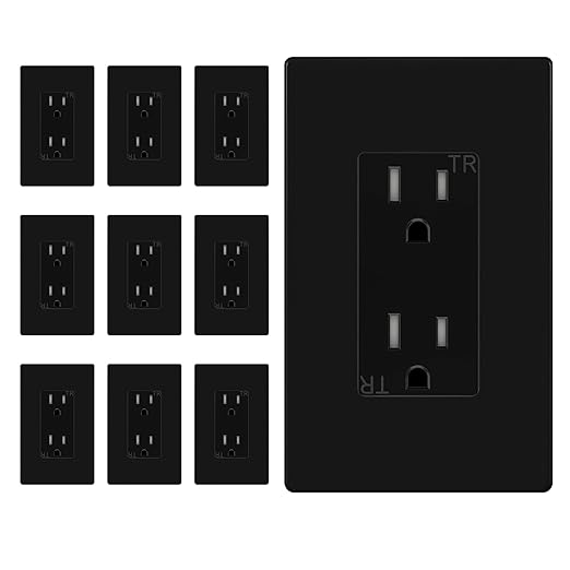 ENERLITES 10 Pack Black Decorator Receptacle with Screwless Wall Plate, Standard Electrical Wall Outlet, 15A 125V, Self-Grounding, 2-Pole, 3-Wire, 5-15R, UL Listed, 61502-TR-BKSID, Tamper Resistant