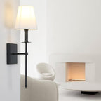 PERMO Single Classic Rustic Wall Sconce Lighting Fixture with Flared White Textile Lamp Shade and Black Tapered Column Stand, Hardwired, E26 Base