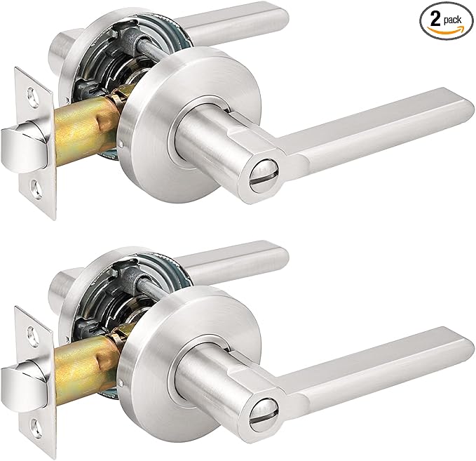 Probrico Satin Nickel Privacy Door Levers, Flat Interior Bath/Bed Door Handles, Reversible for Right & Left Handed Bedroom/Bathroom Doors, 2 Pack